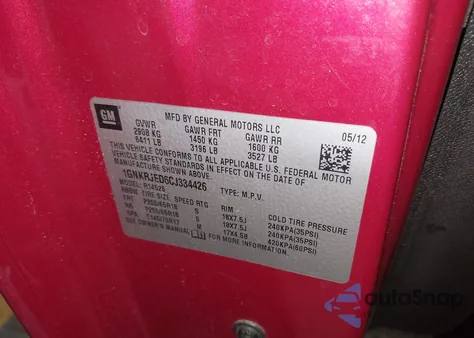 2012 Chevrolet Traverse 2Lt from USA, damaged, VIN 1GNKRJED6CJ334426